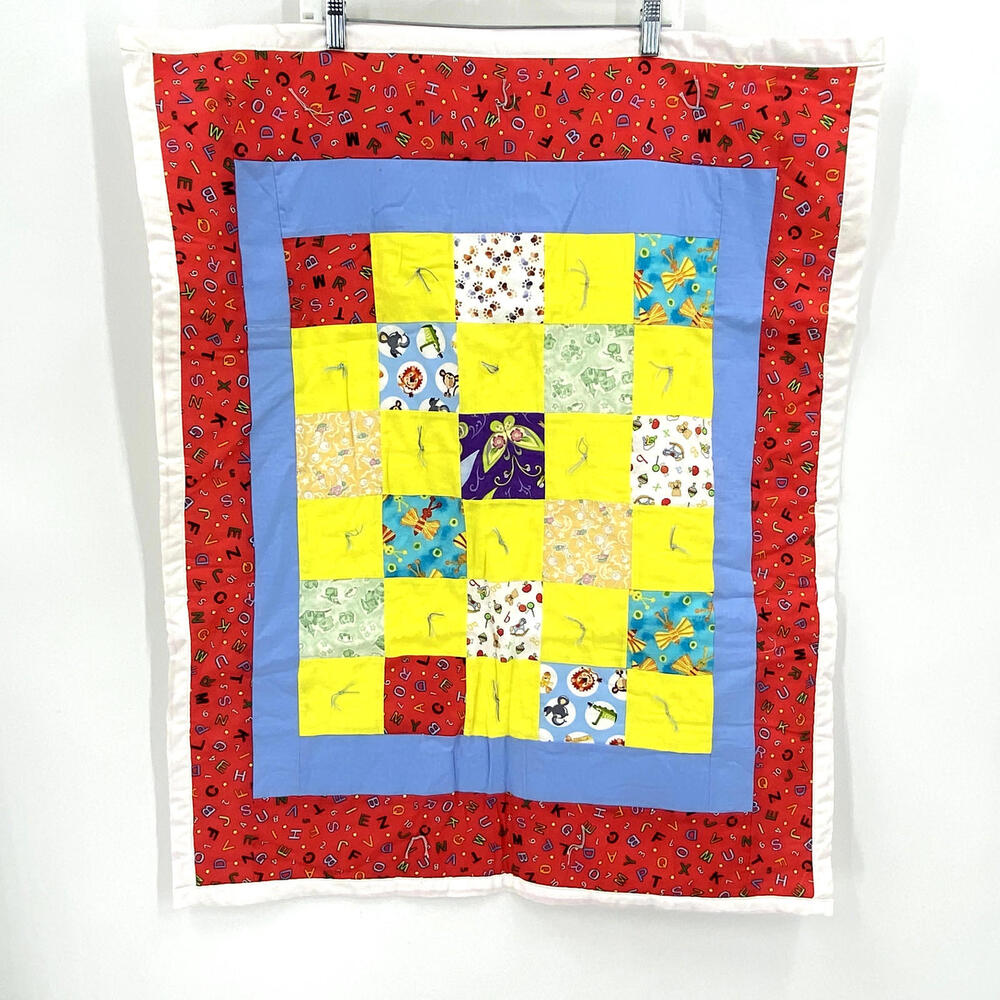 Handmade Baby Quilt Blanket Red Yellow Blue Patchwork Crib Size Nursery